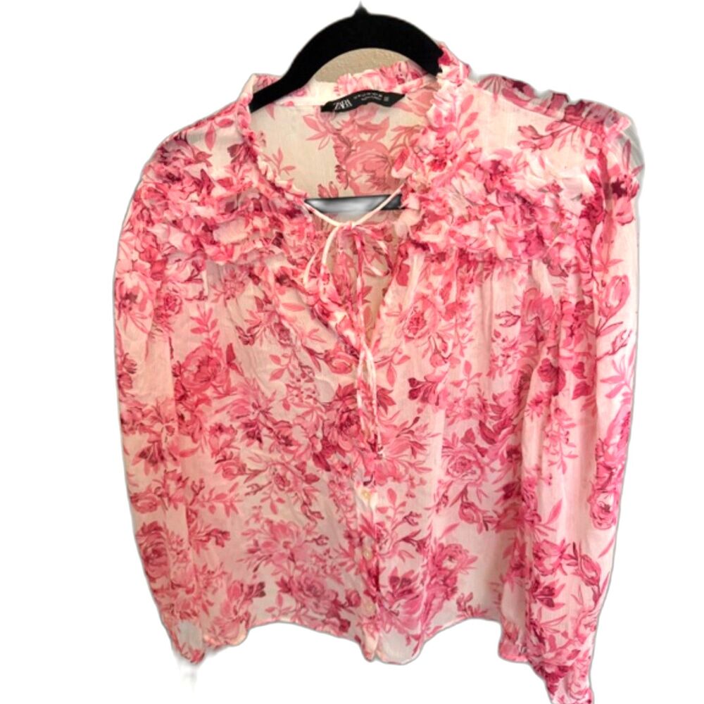 Zara Pink Floral Sheer Blouse Size S Ruffle Tie Front Romantic Boho Top
